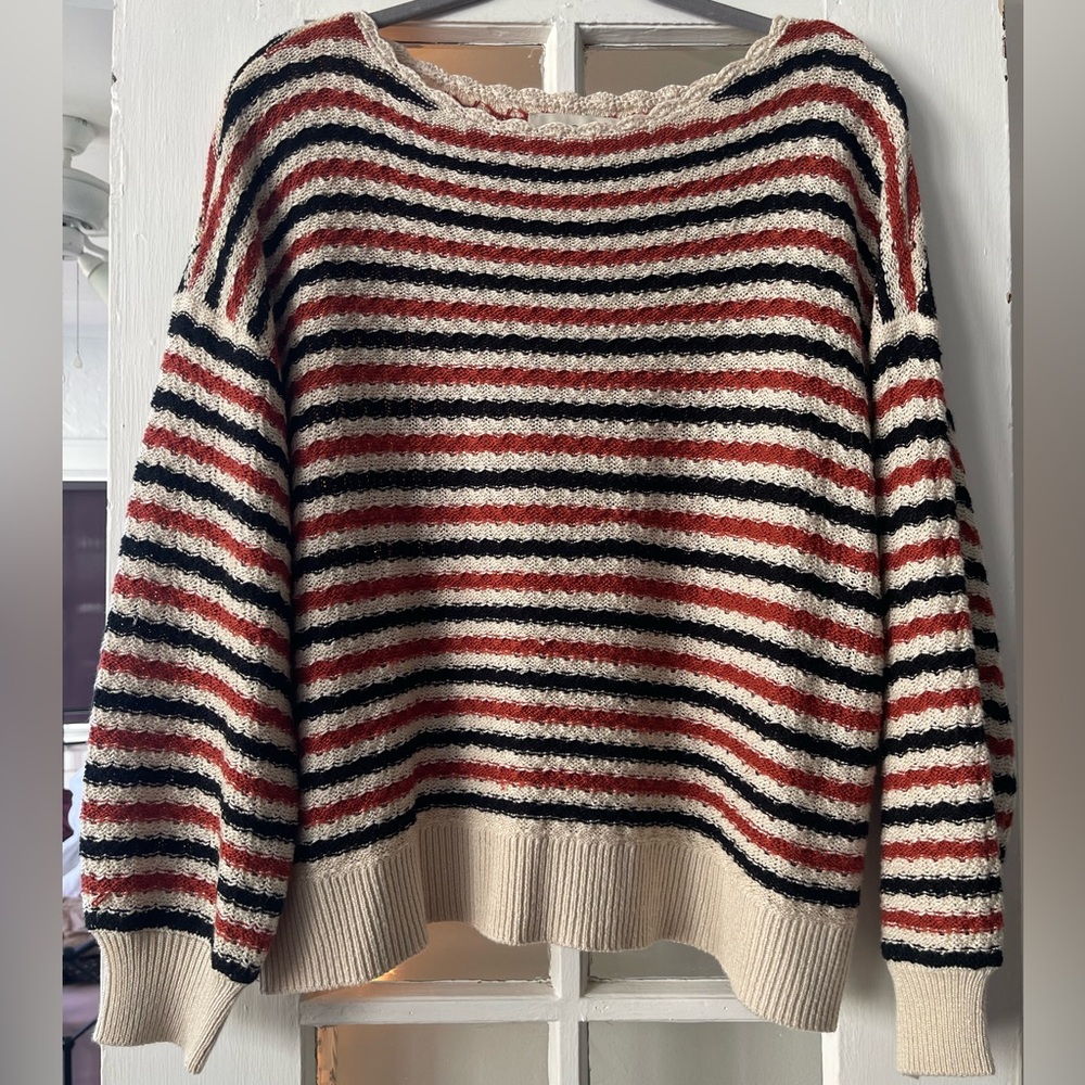 LOFT Striped Sweater - Black, Red, and Cream
